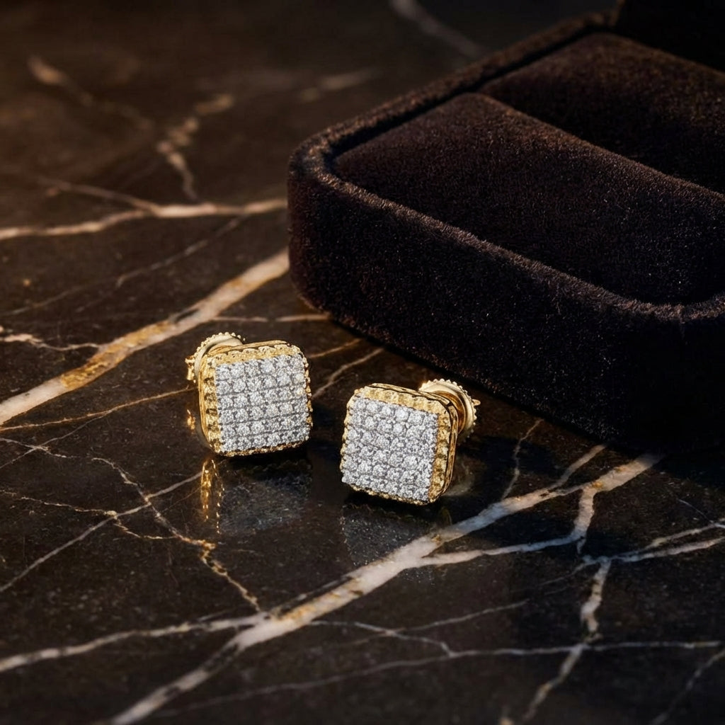 1/4CTW Natural Diamond Cushion Mens Earring 10K Gold luxury presentation - GOLDZENN