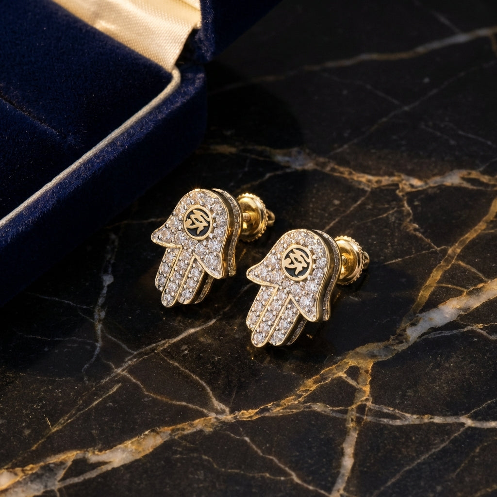 10k Gold Baguette Diamond Hamsa Eye Earrings luxury presentation - GOLDZENN