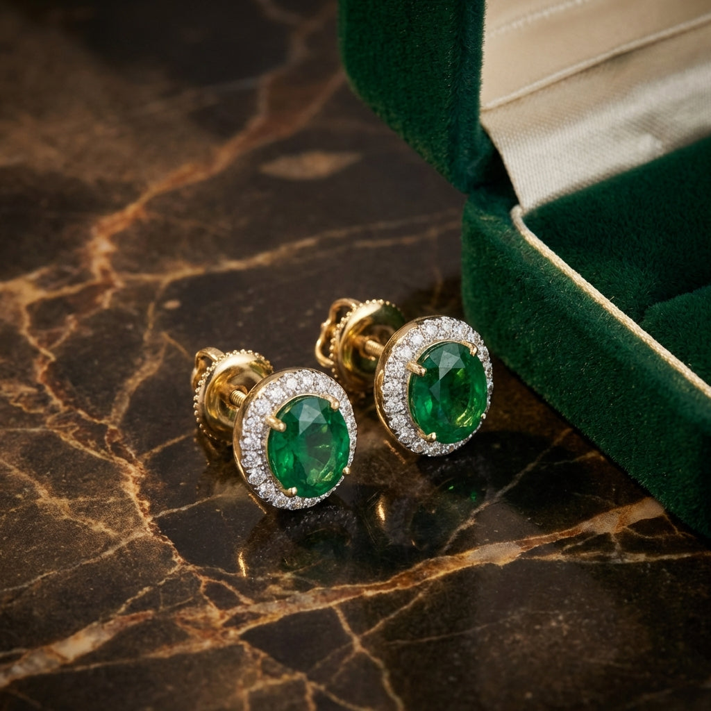 14K Yellow Gold Diamond & Emerald Gem Earrings luxury presentation - GOLDZENN