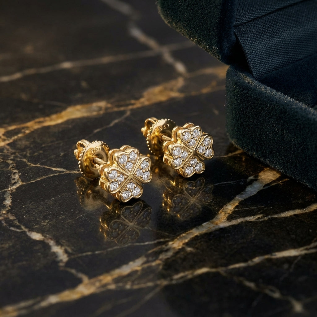 10k Yellow Gold Diamond Clover Earrings 1/6 CTW luxury presentation - GOLDZENN