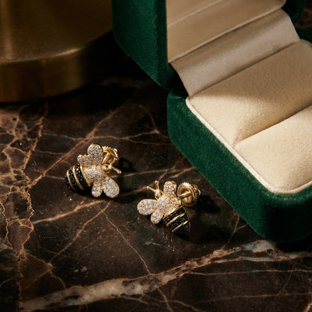 Black Diamond Honey Bee Earrings in 10K Yellow Gold luxury presentation - GOLDZENN