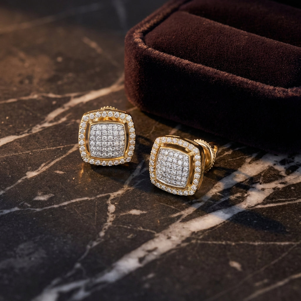1/2CTW Cushion Diamond Earrings in 10K Yellow Gold luxury presentation - GOLDZENN