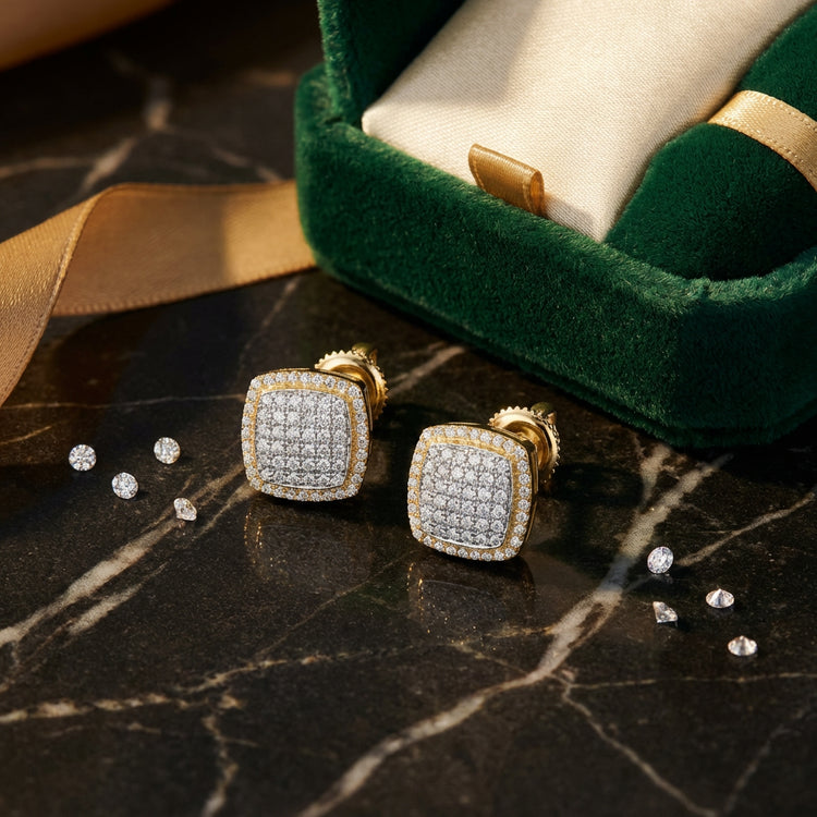 10K Yellow Gold Diamond Cushion Earrings 1/2CTW luxury presentation - GOLDZENN