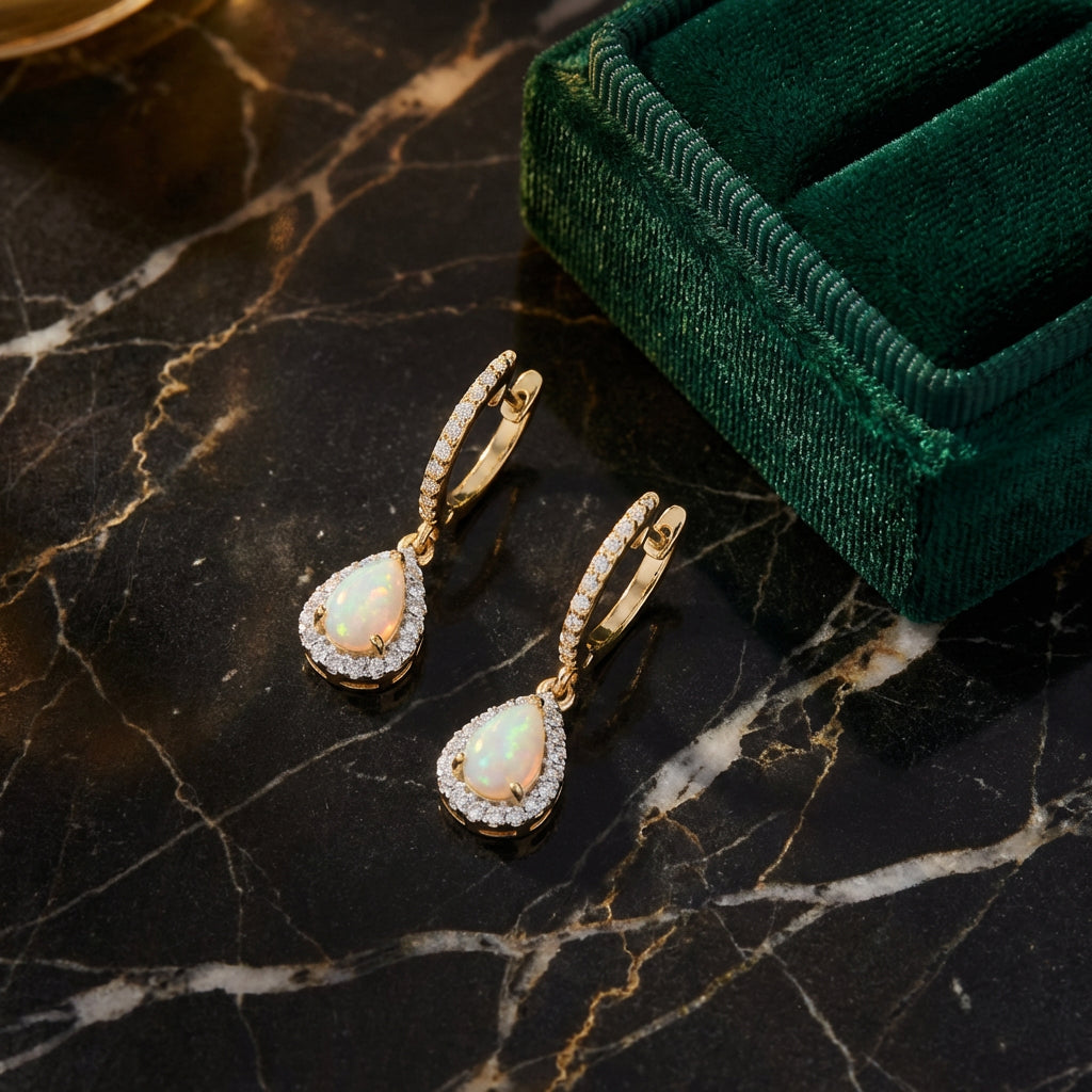 10k Yellow Gold Pear Opal Diamond Dangling Earrings luxury presentation - GOLDZENN