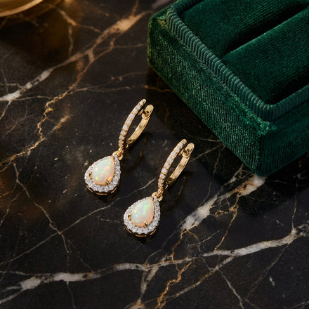 10k Yellow Gold Pear Opal Diamond Dangling Earrings luxury presentation - GOLDZENN