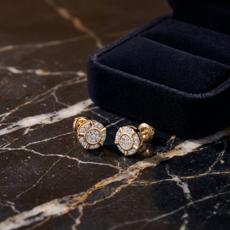 10k Yellow Gold Round Diamond Cluster Earrings luxury presentation - GOLDZENN