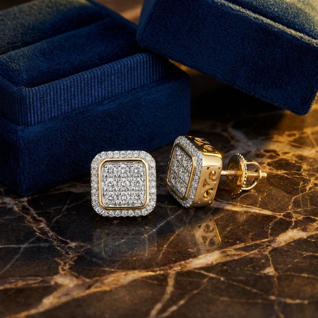 10k Yellow Gold Round Diamond Square Earrings 5/8 Cttw luxury presentation - GOLDZENN