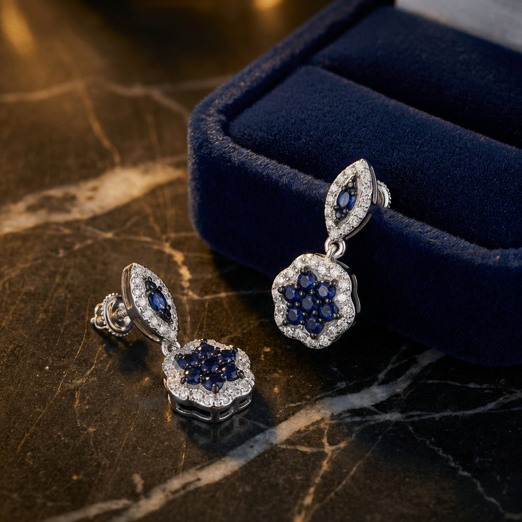 1/3CTW Diamond Flower Dangling Earrings 10k White Gold luxury presentation - GOLDZENN