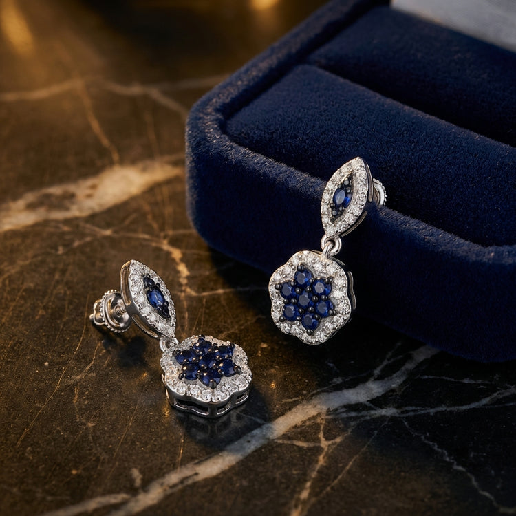 1/3CTW Diamond Flower Dangling Earrings 10k White Gold luxury presentation - GOLDZENN