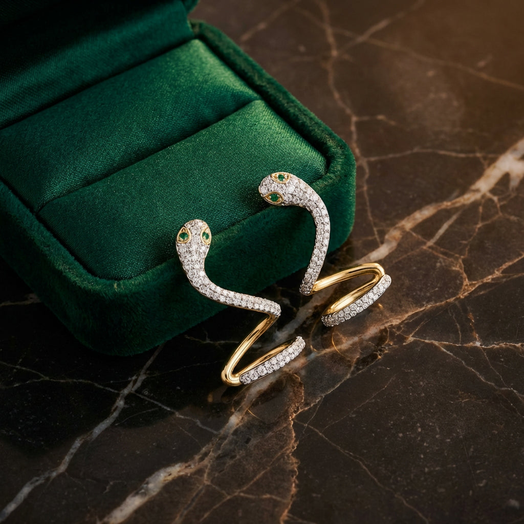 3/4CTW Diamond & Emerald Snake Earring 14k Gold luxury presentation - GOLDZENN