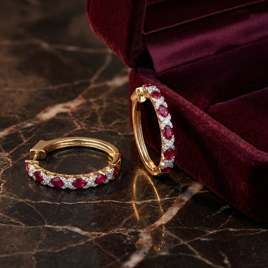 14K Yellow Gold Ruby Diamond Hoop Earrings 3 Cttw luxury presentation - GOLDZENN