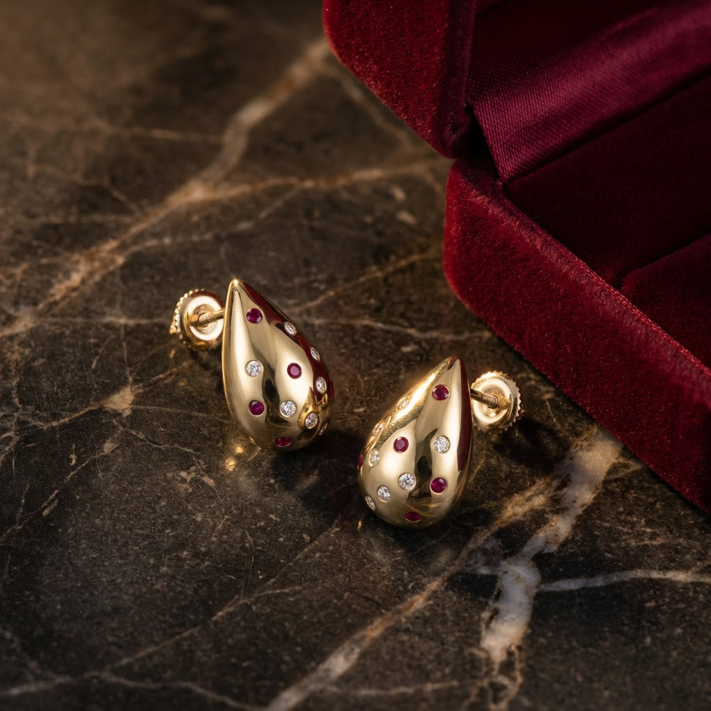 14k Gold Diamond & Ruby Teardrop Earrings 1/3CTW luxury presentation - GOLDZENN