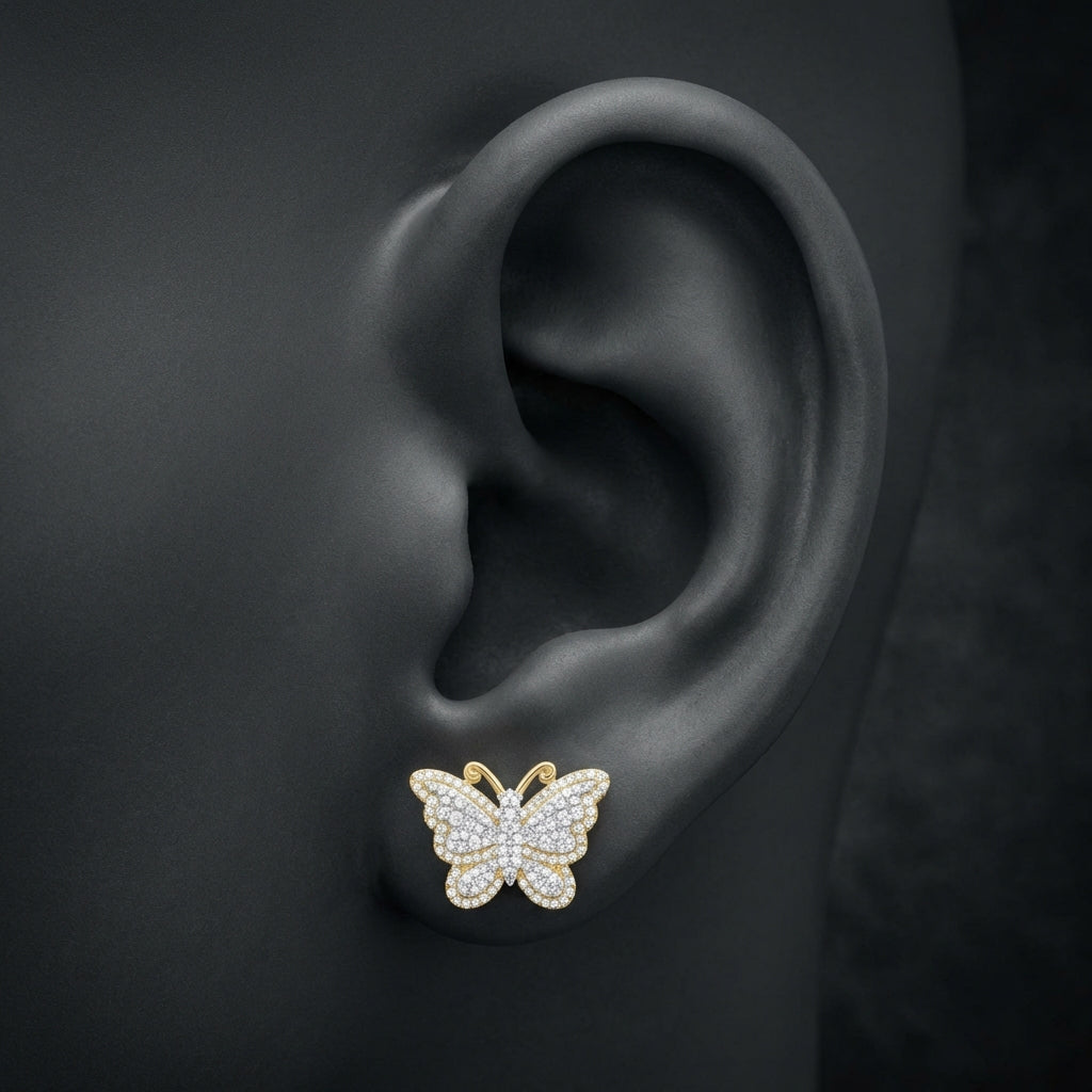 10k Gold Butterfly Diamond Earrings 1 1/2CTW displayed on ear - GOLDZENN