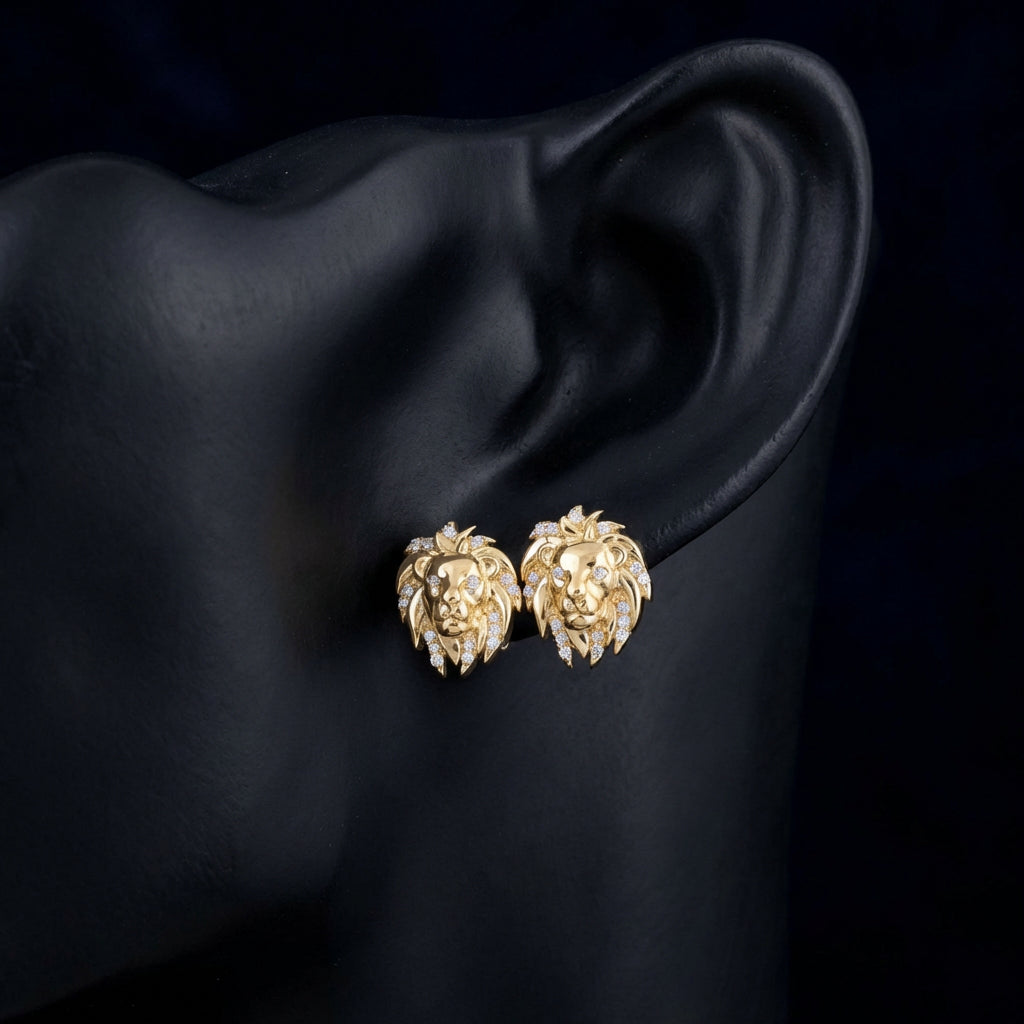 1/12CTW Round Diamond Lion Face Stud Earrings - 10K Yellow Gold displayed on ear - GOLDZENN