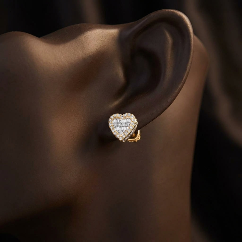 10K Gold Baguette Diamond Heart Earrings 3/8 Cttw displayed on ear - GOLDZENN