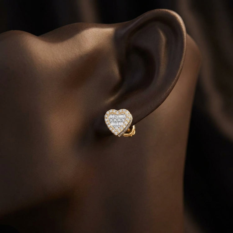 10K Gold Baguette Diamond Heart Earrings 3/8 Cttw displayed on ear - GOLDZENN