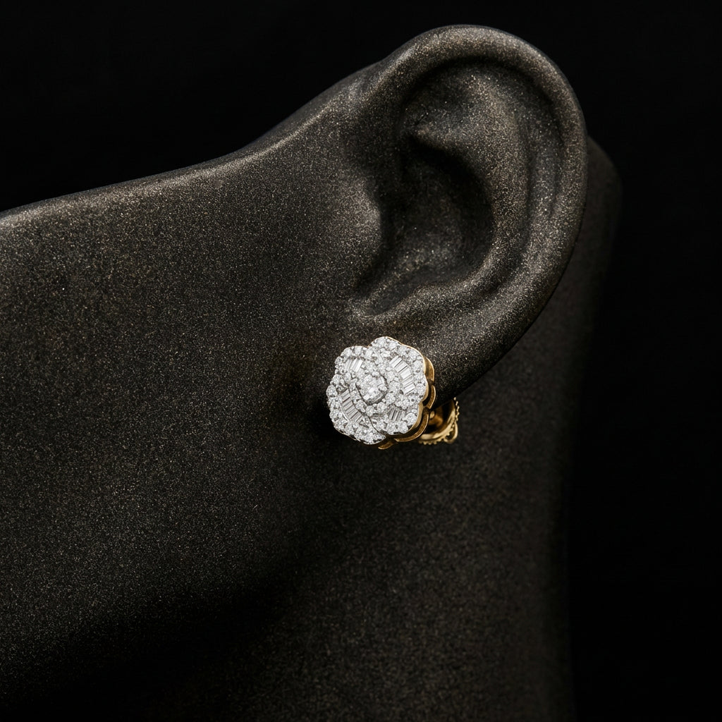 10k Yellow Gold Diamond Fashion Earrings 3/8 Cttw displayed on ear - GOLDZENN