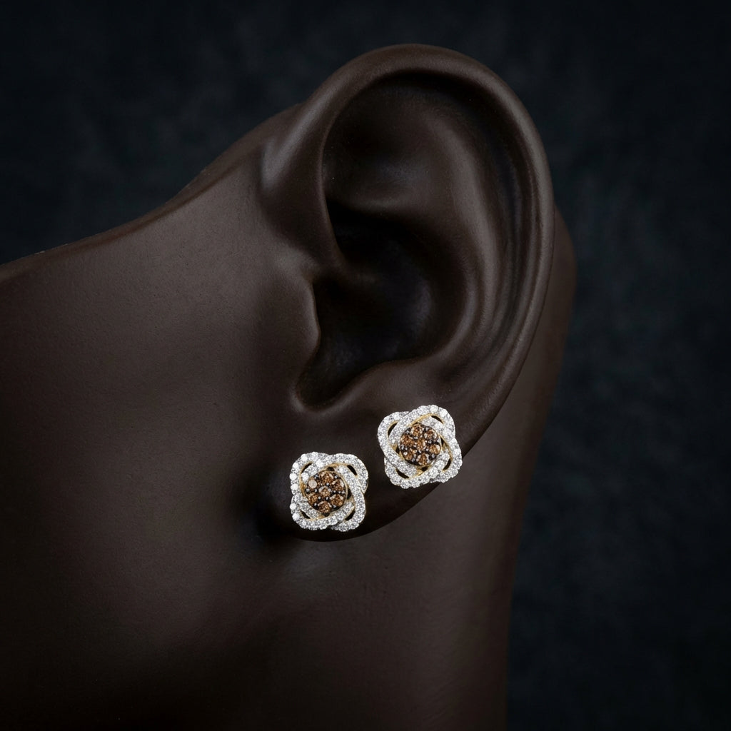 10k Yellow Gold Cognac Diamond Flower Earrings 5/8 Cttw displayed on ear - GOLDZENN