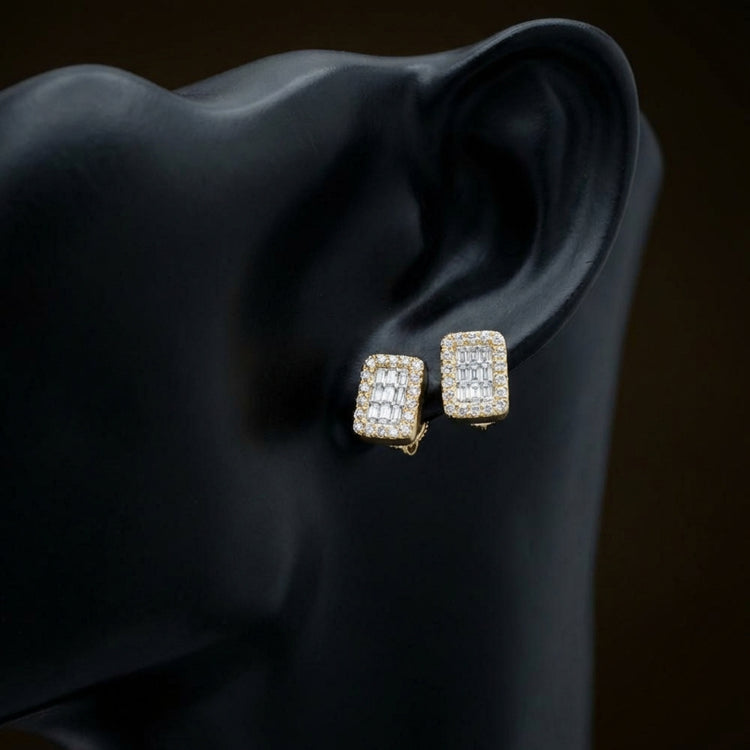 1/5 CTW Natural Diamond Emerald Baguette Earrings displayed on ear - GOLDZENN