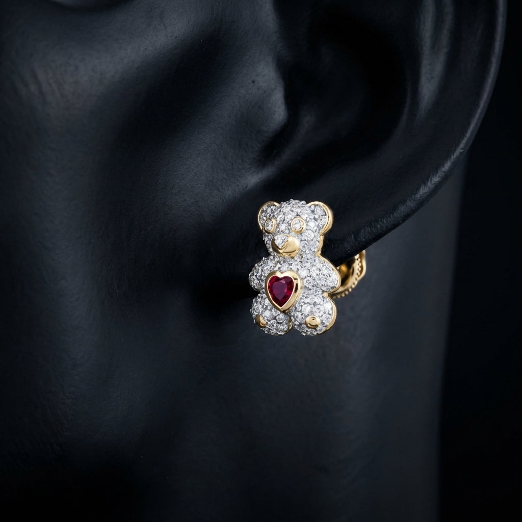 1/2CTW Teddy Bear Diamond Earrings in 10K Gold displayed on ear - GOLDZENN