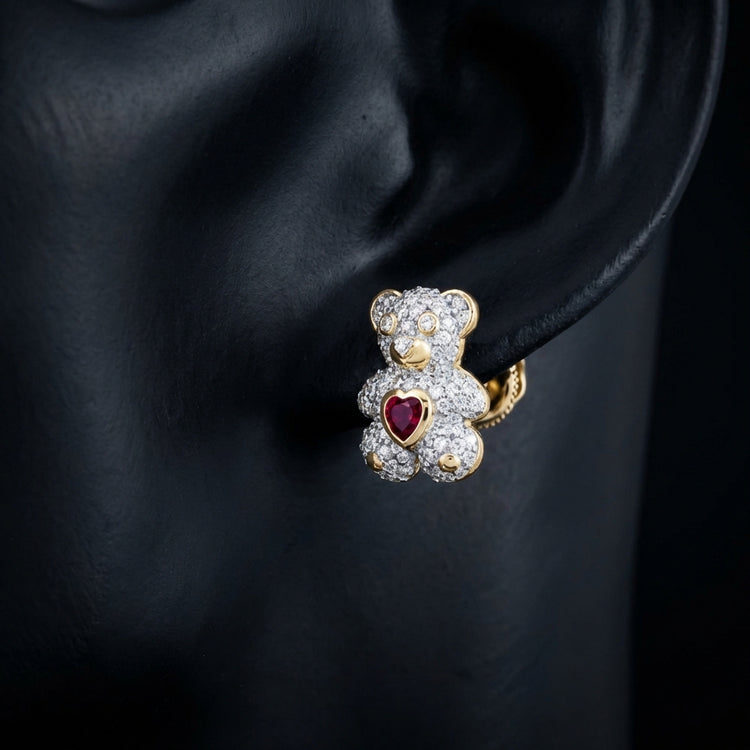 1/2CTW Teddy Bear Diamond Earrings in 10K Gold displayed on ear - GOLDZENN