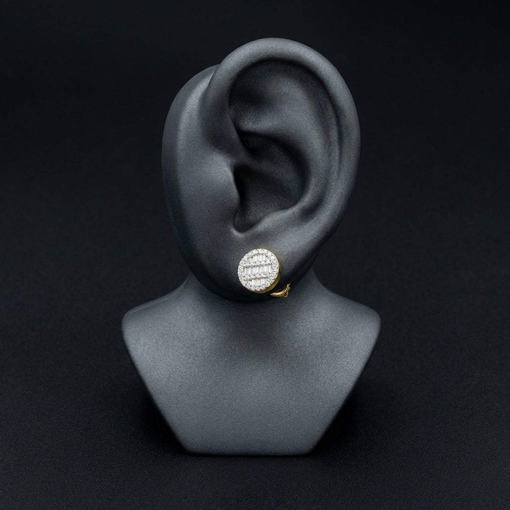 10k Yellow Gold Baguette Diamond Cluster Earrings displayed on ear - GOLDZENN