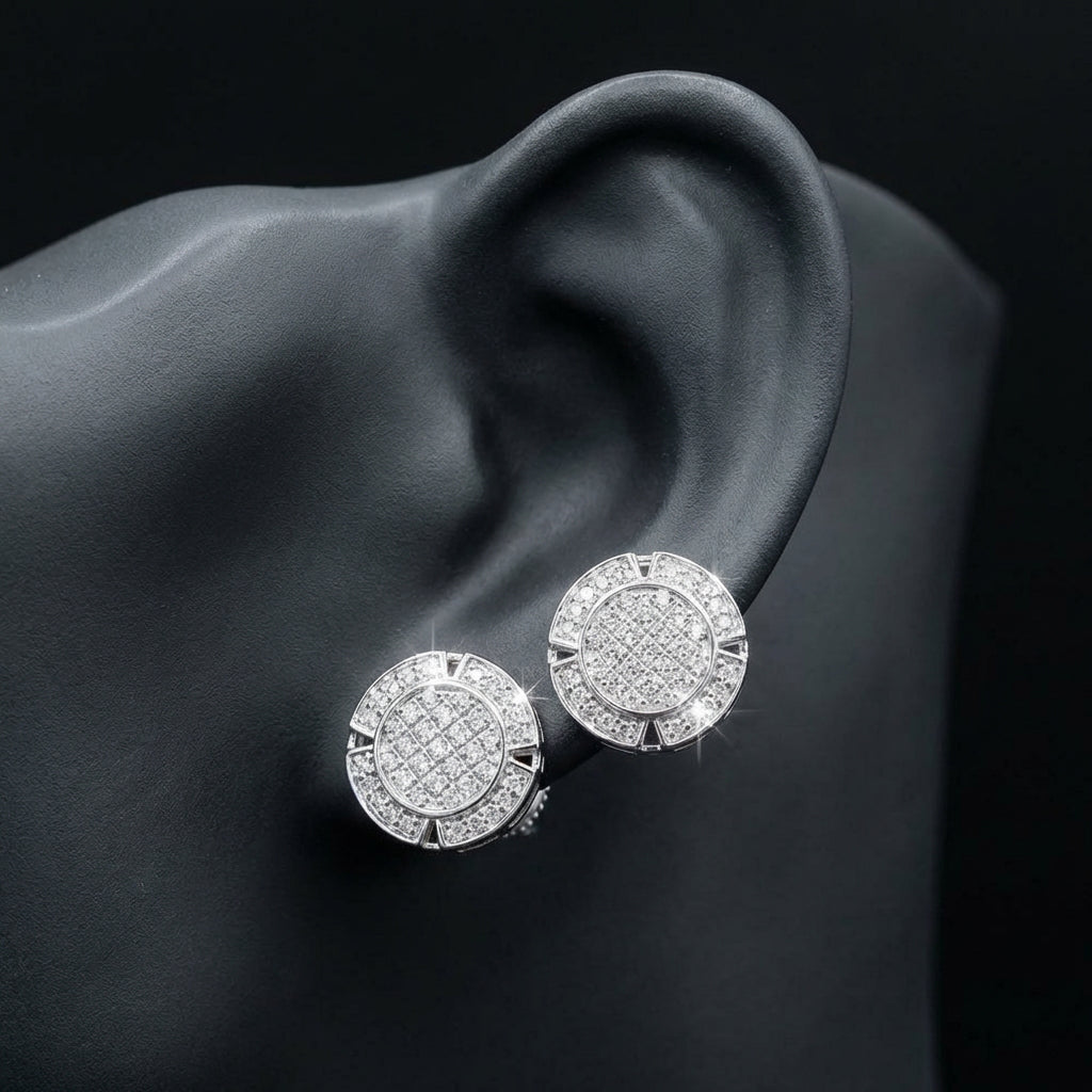 10k White Gold Diamond Circle Earrings 1/5 Cttw displayed on ear - GOLDZENN