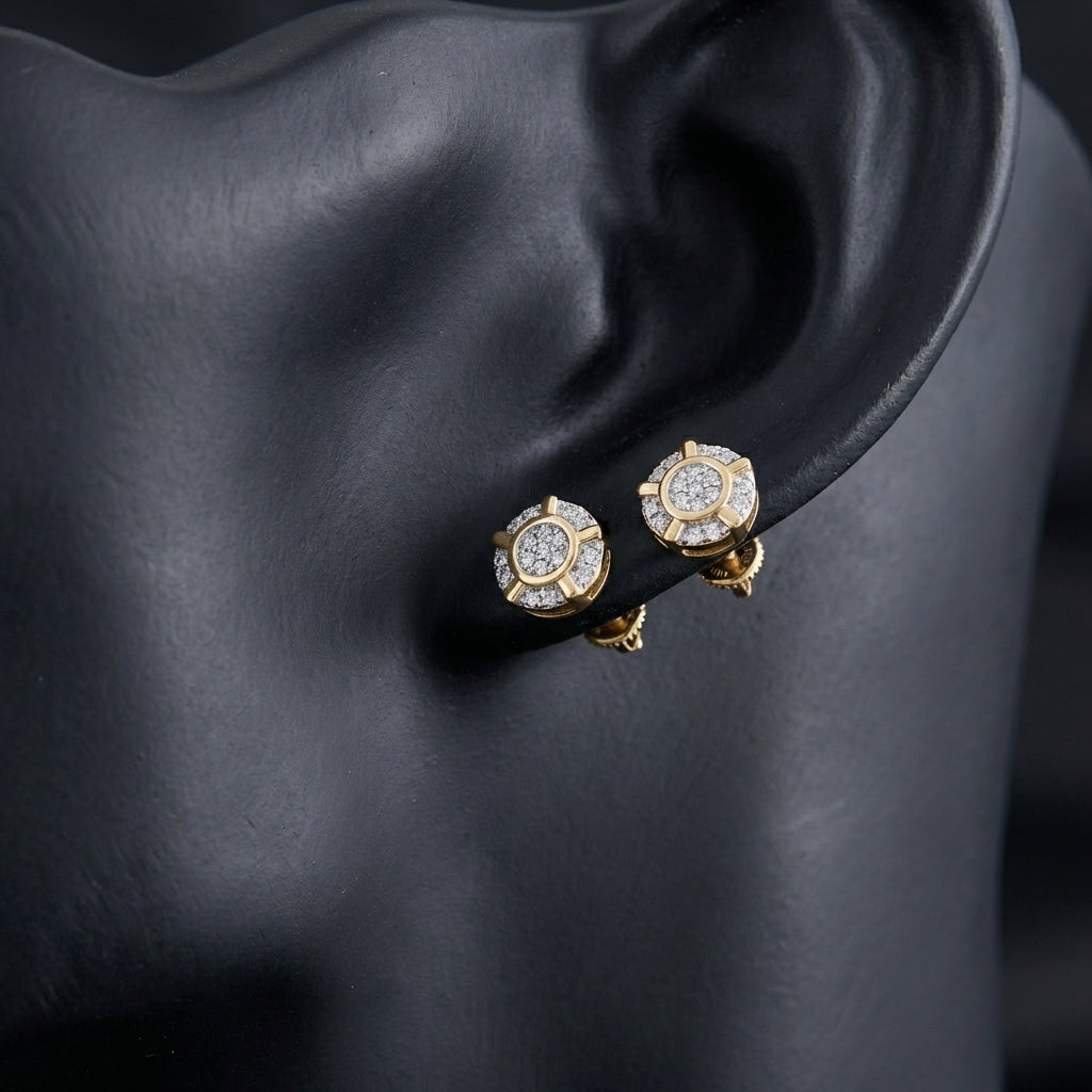 10k Yellow Gold Round Diamond Cluster Earrings displayed on ear - GOLDZENN
