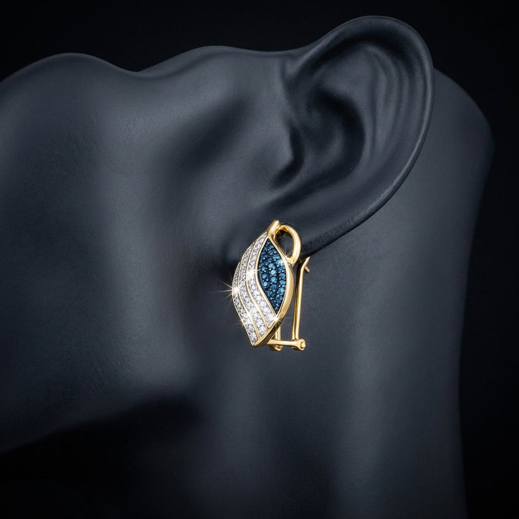 10k Yellow Gold Blue Diamond Earrings 1/2 Cttw displayed on ear - GOLDZENN