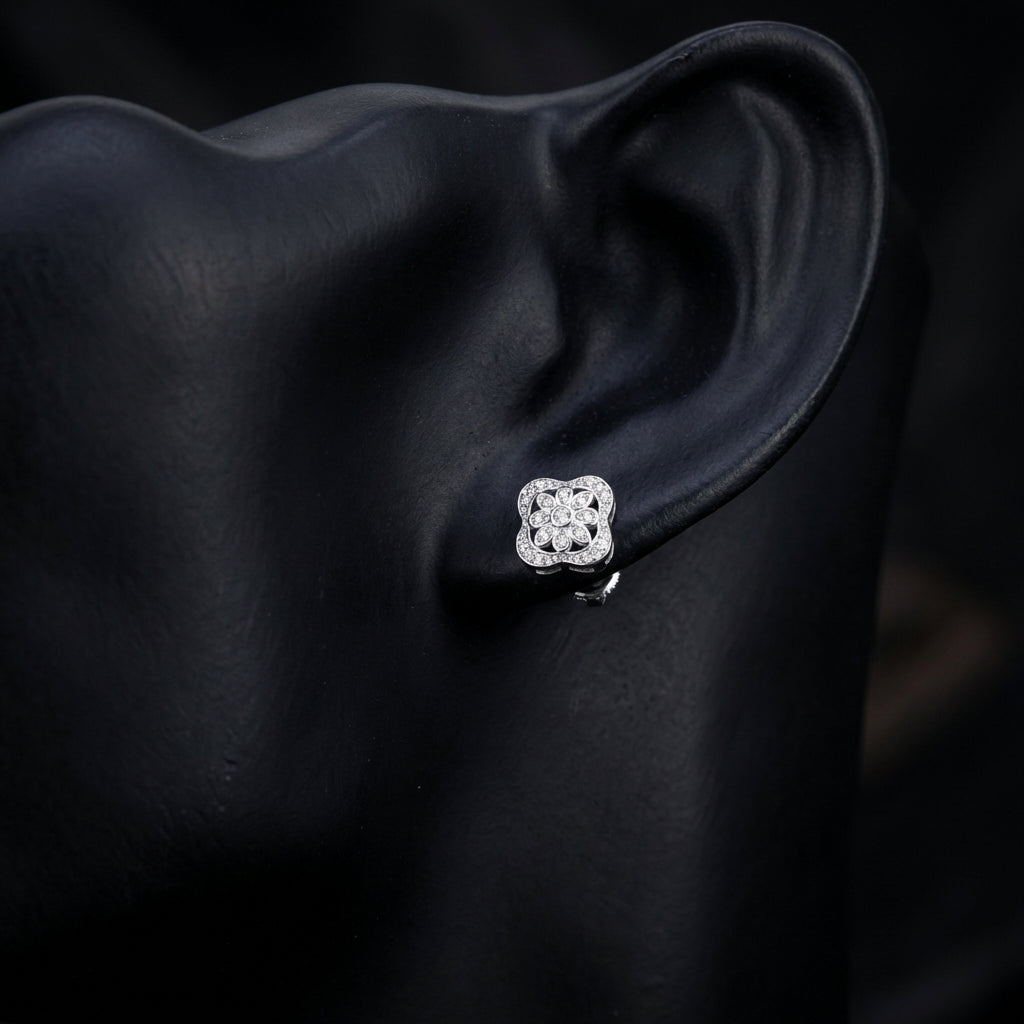 Sterling Silver Diamond Flower Earrings 1/8 Cttw displayed on ear - GOLDZENN