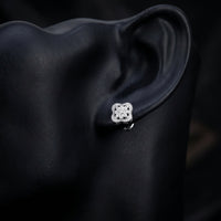 Sterling Silver Diamond Flower Earrings 1/8 Cttw displayed on ear - GOLDZENN