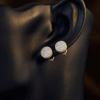 10K Yellow Gold Baguette Diamond Circle Earrings displayed on ear - GOLDZENN