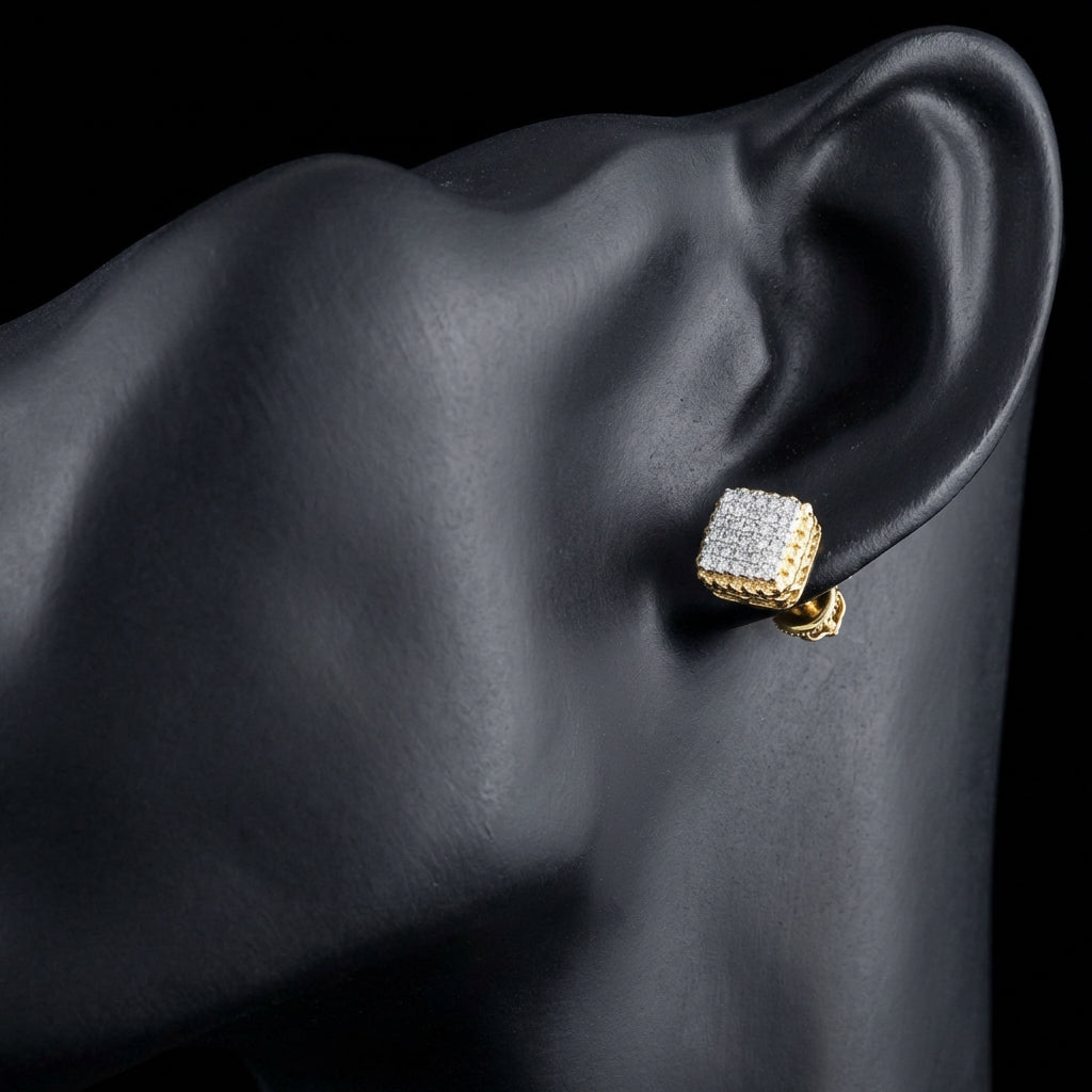 1/4CTW Natural Diamond Cushion Mens Earring 10K Gold displayed on ear - GOLDZENN