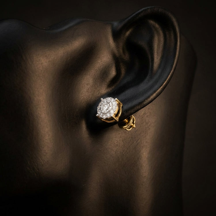 10k Gold Round Diamond Cluster Earrings 1/3 Cttw displayed on ear - GOLDZENN