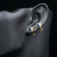 10k Yellow Gold Blue Diamond Square Earrings 1/10 Cttw displayed on ear - GOLDZENN