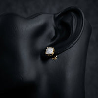 10k Gold Diamond Square Earrings 1/10 Cttw displayed on ear - GOLDZENN