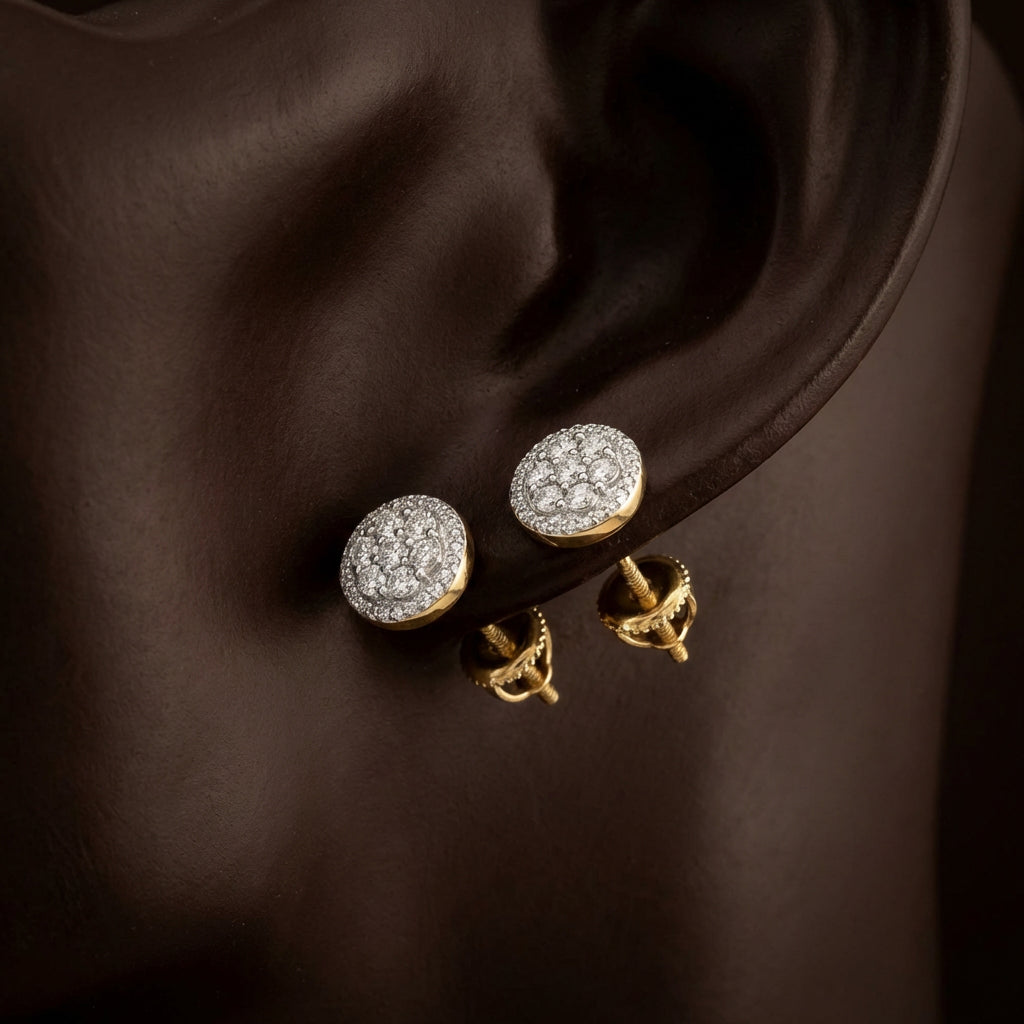 10k Yellow Gold Diamond Illusion Cluster Earrings displayed on ear - GOLDZENN