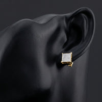 10k Yellow Gold Round Diamond Square Earrings 1/4CTTW displayed on ear - GOLDZENN