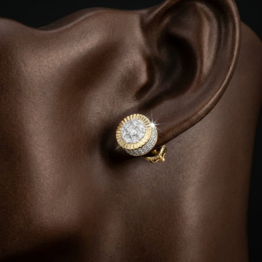 10k Gold Diamond Cluster Earrings 7/8 Cttw displayed on ear - GOLDZENN