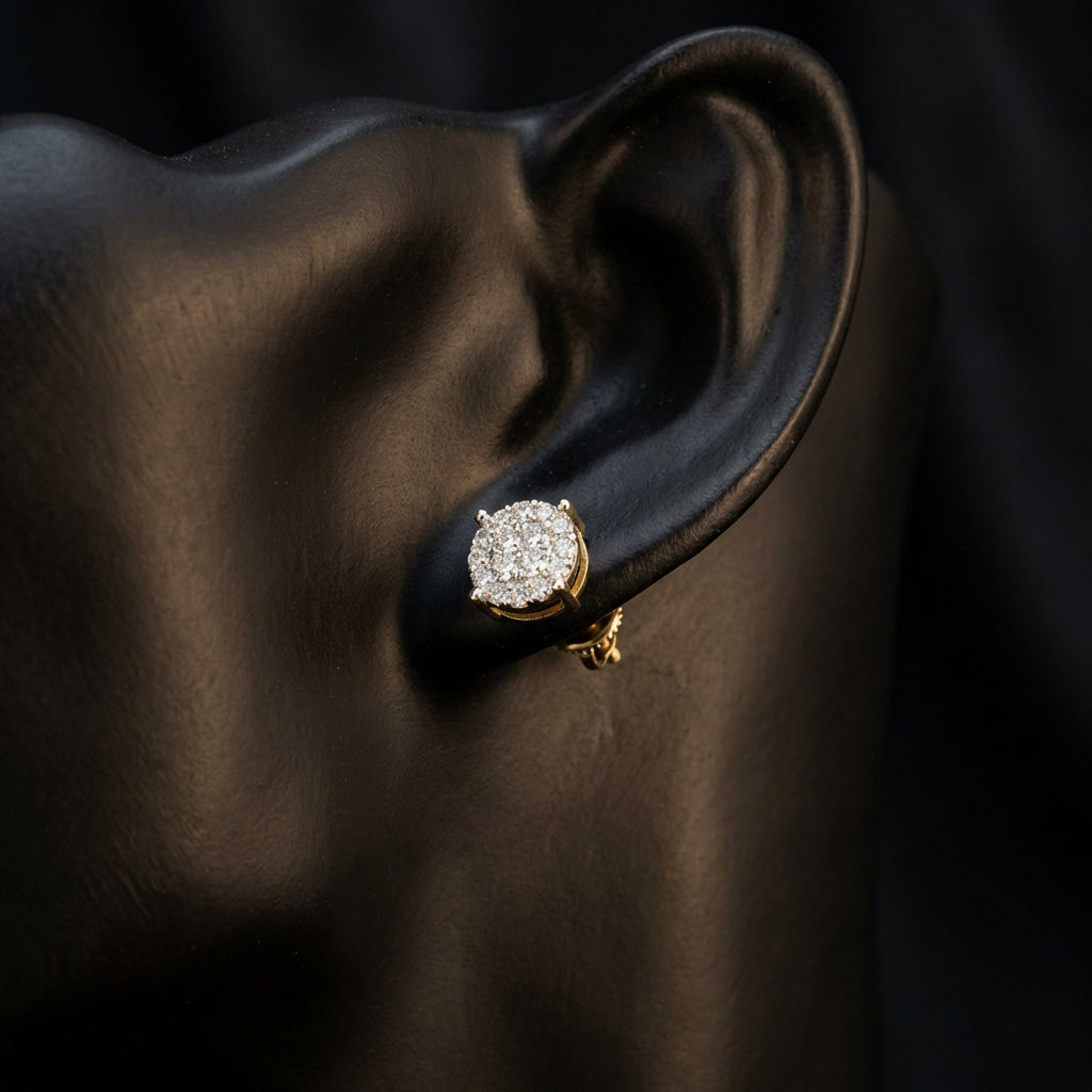 10K Gold Round Diamond Cluster Earrings 3/4 Cttw displayed on ear - GOLDZENN