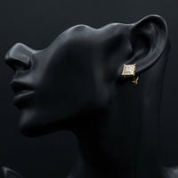 10k Yellow Gold Diamond Square Geometric Cluster Earrings displayed on ear - GOLDZENN