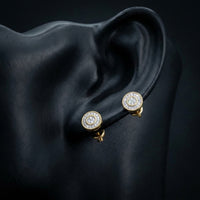 10k Yellow Gold Round Diamond Circle Earrings 1/8CTTW displayed on ear - GOLDZENN