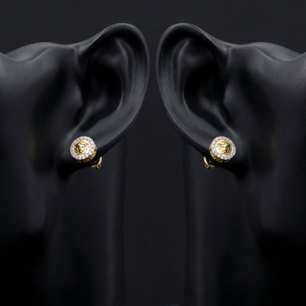 10k Gold Round Diamond Medusa Circle Earrings 3/8 Cttw displayed on ear - GOLDZENN