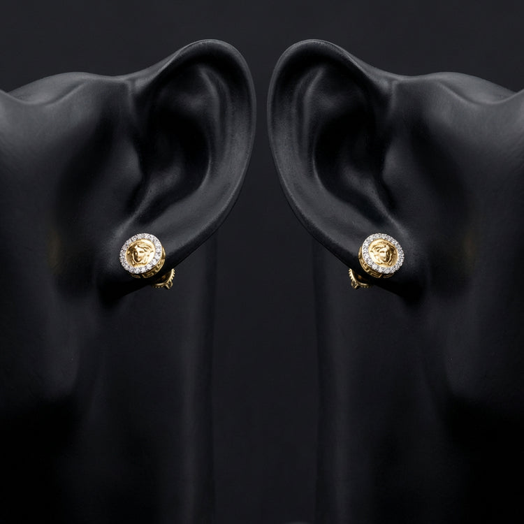 10k Gold Round Diamond Medusa Circle Earrings 3/8 Cttw displayed on ear - GOLDZENN