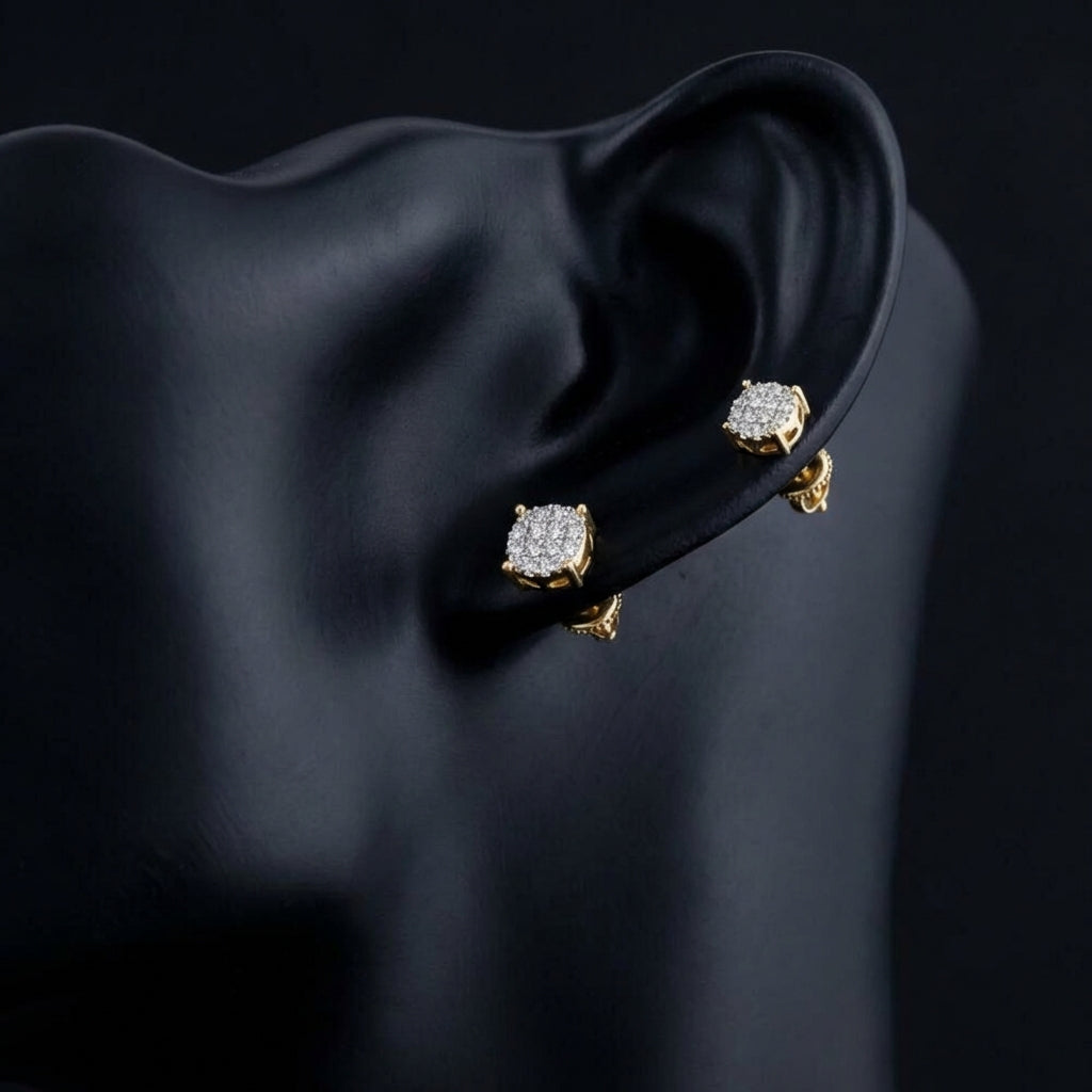 10k Yellow Gold Diamond Cluster Earrings 1/12 Cttw displayed on ear - GOLDZENN