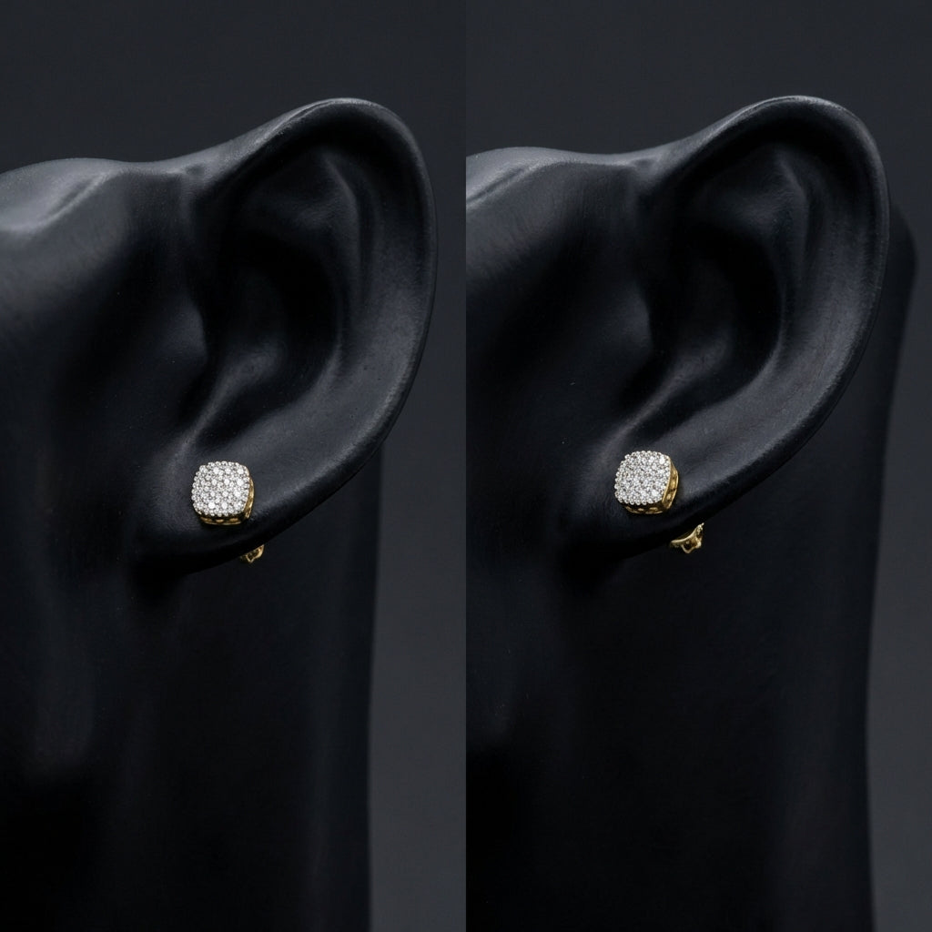 10k Yellow Gold Diamond Square Earrings 1/10 Cttw displayed on ear - GOLDZENN