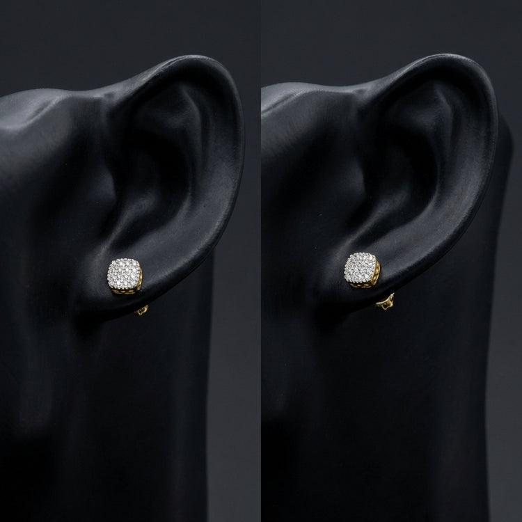 10k Yellow Gold Diamond Square Earrings 1/10 Cttw displayed on ear - GOLDZENN