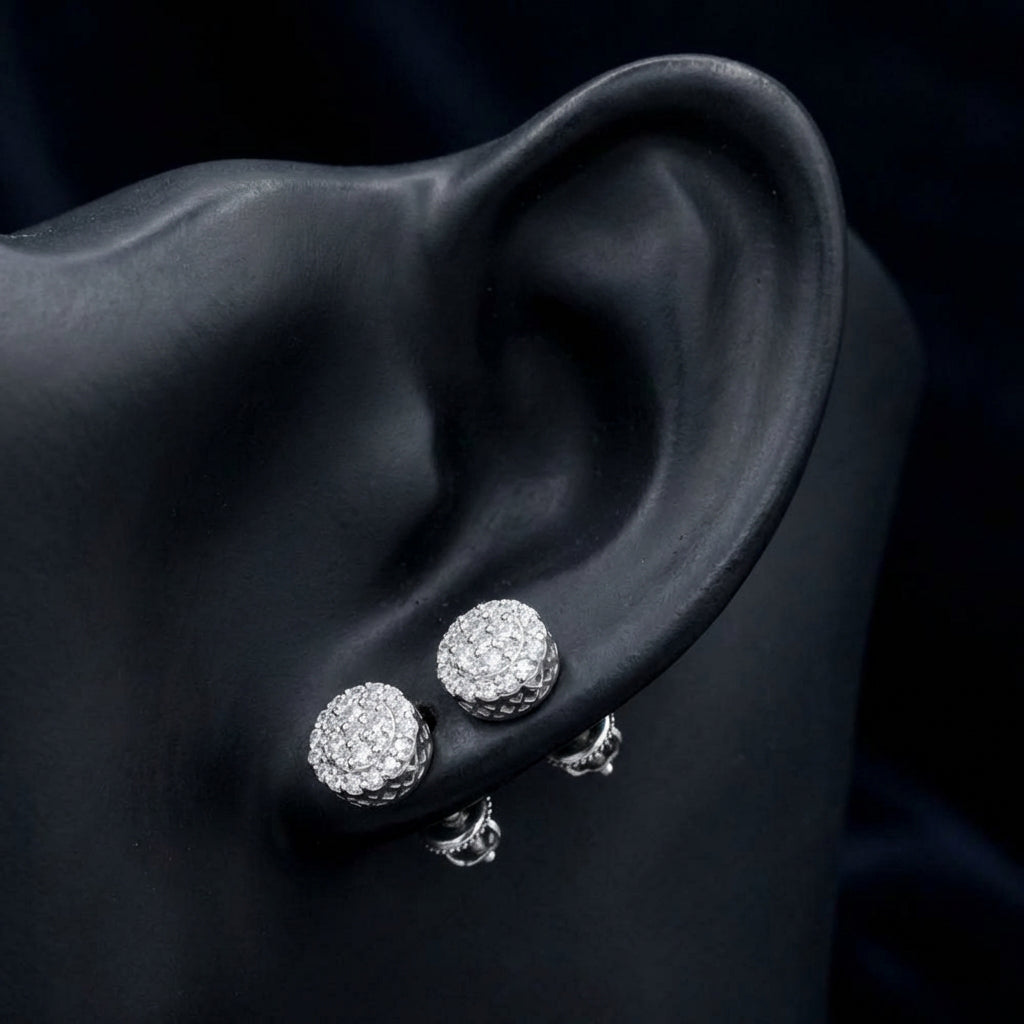 10k Gold Diamond Cluster Earrings 7/8 Cttw displayed on ear - GOLDZENN