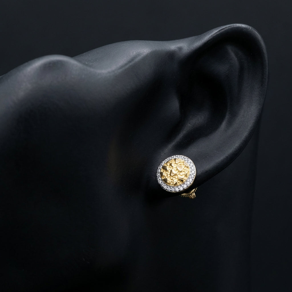 10k Gold Diamond Nugget Circle Earrings 1/8 Cttw displayed on ear - GOLDZENN