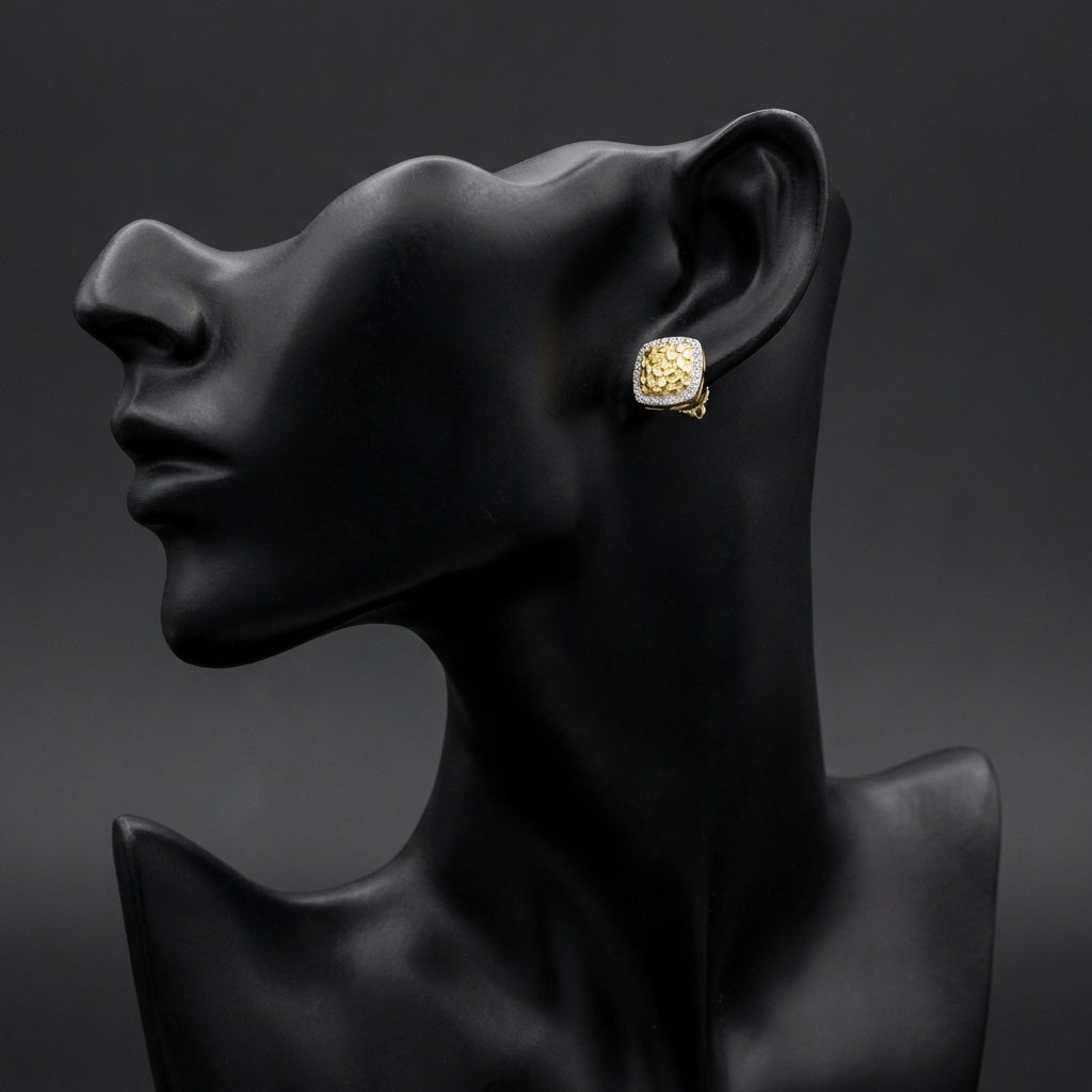 10k Gold Diamond Nugget Square Earrings 1/4 Cttw displayed on ear - GOLDZENN